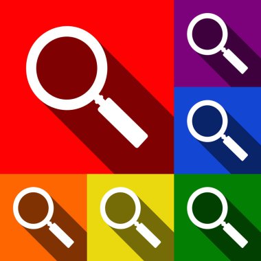 Yakınlaştırma işaretini illüstrasyon. Vektör. Kırmızı, turuncu, sarı, yeşil, mavi ve mor arka plan, düz gölgeler ile simgeler kümesi.