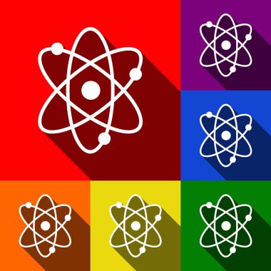Atom işareti illüstrasyon. Vektör. Kırmızı, turuncu, sarı, yeşil, mavi ve mor arka plan, düz gölgeler ile simgeler kümesi.