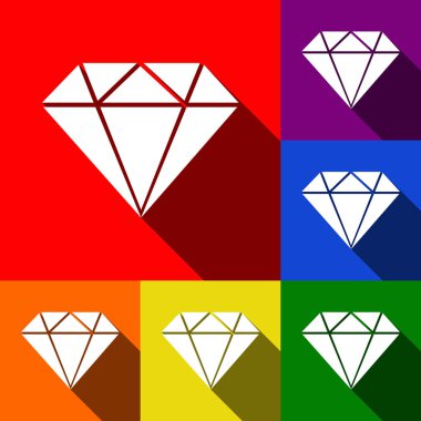 Elmas illüstrasyon işareti. Vektör. Kırmızı, turuncu, sarı, yeşil, mavi ve mor arka plan, düz gölgeler ile simgeler kümesi.