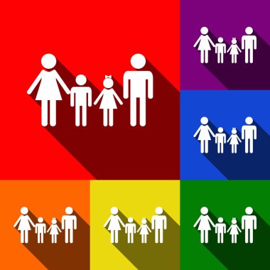 Aile işareti. Vektör. Kırmızı, turuncu, sarı, yeşil, mavi ve mor arka plan, düz gölgeler ile simgeler kümesi.