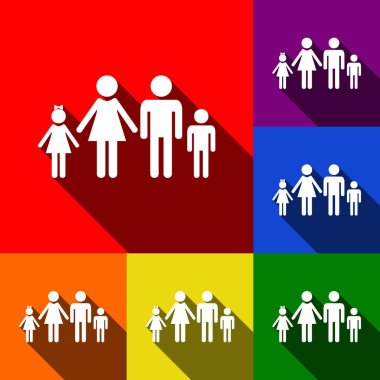 Aile işareti illüstrasyon. Vektör. Kırmızı, turuncu, sarı, yeşil, mavi ve mor arka plan, düz gölgeler ile simgeler kümesi.