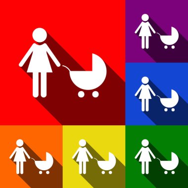 Aile işareti illüstrasyon. Vektör. Kırmızı, turuncu, sarı, yeşil, mavi ve mor arka plan, düz gölgeler ile simgeler kümesi.