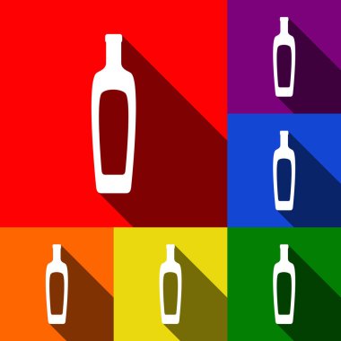 Zeytinyağı şişesi işareti. Vektör. Kırmızı, turuncu, sarı, yeşil, mavi ve mor arka plan, düz gölgeler ile simgeler kümesi.