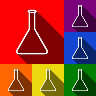 Konik Flask işareti. Vektör. Kırmızı, turuncu, sarı, yeşil, mavi ve mor arka plan, düz gölgeler ile simgeler kümesi.