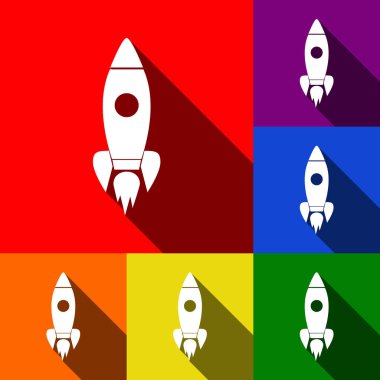 Roket işareti illüstrasyon. Vektör. Kırmızı, turuncu, sarı, yeşil, mavi ve mor arka plan, düz gölgeler ile simgeler kümesi.