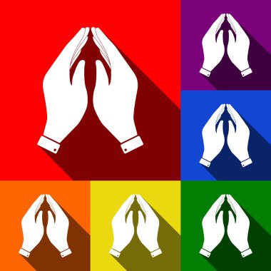 El simge tasarlamak. Dua sembolü. Vektör. Kırmızı, turuncu, sarı, yeşil, mavi ve mor arka plan, düz gölgeler ile simgeler kümesi.