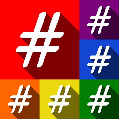 Hashtag işareti illüstrasyon. Vektör. Kırmızı, turuncu, sarı, yeşil, mavi ve mor arka plan, düz gölgeler ile simgeler kümesi.