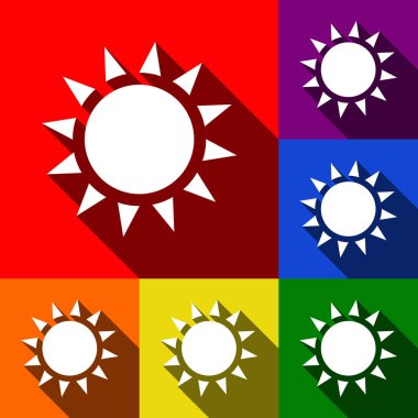Güneş illüstrasyon işareti. Vektör. Kırmızı, turuncu, sarı, yeşil, mavi ve mor arka plan, düz gölgeler ile simgeler kümesi.