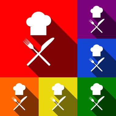 Şef bıçak ve çatal işareti ile. Vektör. Kırmızı, turuncu, sarı, yeşil, mavi ve mor arka plan, düz gölgeler ile simgeler kümesi.