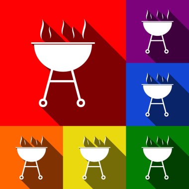 Barbekü basit kayıt. Vektör. Kırmızı, turuncu, sarı, yeşil, mavi ve mor arka plan, düz gölgeler ile simgeler kümesi.