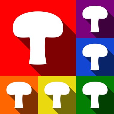 Mantar basit kayıt. Vektör. Kırmızı, turuncu, sarı, yeşil, mavi ve mor arka plan, düz gölgeler ile simgeler kümesi.