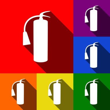 Yangın söndürücü işareti. Vektör. Kırmızı, turuncu, sarı, yeşil, mavi ve mor arka plan, düz gölgeler ile simgeler kümesi.
