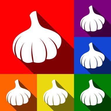 Sarımsak basit kayıt. Vektör. Kırmızı, turuncu, sarı, yeşil, mavi ve mor arka plan, düz gölgeler ile simgeler kümesi.