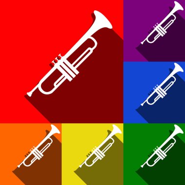 Enstrüman trompet işareti. Vektör. Kırmızı, turuncu, sarı, yeşil, mavi ve mor arka plan, düz gölgeler ile simgeler kümesi.
