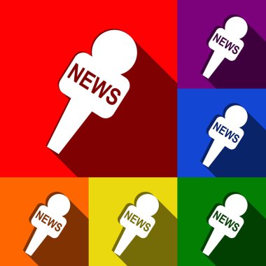TV haber mikrofon işaret illüstrasyon. Vektör. Kırmızı, turuncu, sarı, yeşil, mavi ve mor arka plan, düz gölgeler ile simgeler kümesi.