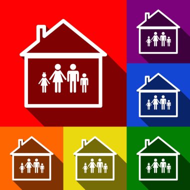Aile işareti illüstrasyon. Vektör. Kırmızı, turuncu, sarı, yeşil, mavi ve mor arka plan, düz gölgeler ile simgeler kümesi.