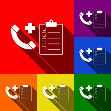 Tıbbi consultration işareti. Vektör. Kırmızı, turuncu, sarı, yeşil, mavi ve mor arka plan, düz gölgeler ile simgeler kümesi.