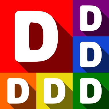 D harfi işareti şablon öğesi tasarım. Vektör. Kırmızı, turuncu, sarı, yeşil, mavi ve mor arka plan, düz gölgeler ile simgeler kümesi.