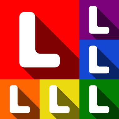 L harfi işareti şablon öğesi tasarım. Vektör. Kırmızı, turuncu, sarı, yeşil, mavi ve mor arka plan, düz gölgeler ile simgeler kümesi.