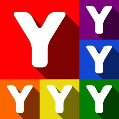 Y harfi işareti şablon öğesi tasarım. Vektör. Kırmızı, turuncu, sarı, yeşil, mavi ve mor arka plan, düz gölgeler ile simgeler kümesi.
