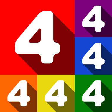 4 numaralı işaret tasarım şablonu öğesi. Vektör. Kırmızı, turuncu, sarı, yeşil, mavi ve mor arka plan, düz gölgeler ile simgeler kümesi.