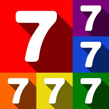 7 numaralı işaret tasarım şablonu öğesi. Vektör. Kırmızı, turuncu, sarı, yeşil, mavi ve mor arka plan, düz gölgeler ile simgeler kümesi.
