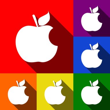 Elma işaret ısır. Vektör. Kırmızı, turuncu, sarı, yeşil, mavi ve mor arka plan, düz gölgeler ile simgeler kümesi.