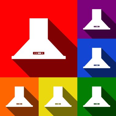 Exhaust hood. Kitchen ventilation sign. Vector. Set of icons with flat shadows at red, orange, yellow, green, blue and violet background. clipart