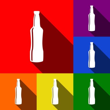 Bira şişe işareti. Vektör. Kırmızı, turuncu, sarı, yeşil, mavi ve mor arka plan, düz gölgeler ile simgeler kümesi.