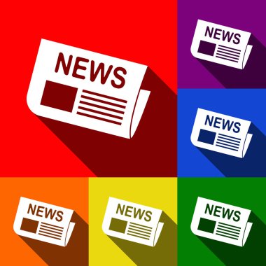 Gazete işareti. Vektör. Kırmızı, turuncu, sarı, yeşil, mavi ve mor arka plan, düz gölgeler ile simgeler kümesi.
