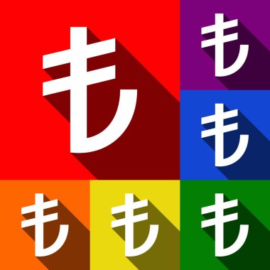 Turkiey Lirası işareti. Vektör. Kırmızı, turuncu, sarı, yeşil, mavi ve mor arka plan, düz gölgeler ile simgeler kümesi.