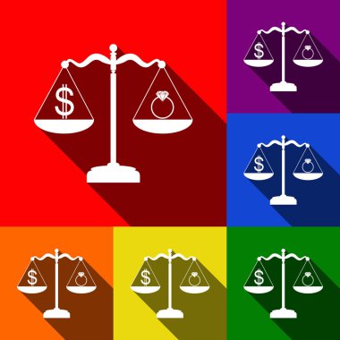 Kuyumcu ve ölçekler Doları sembolü halka. Vektör. Kırmızı, turuncu, sarı, yeşil, mavi ve mor arka plan, düz gölgeler ile simgeler kümesi.