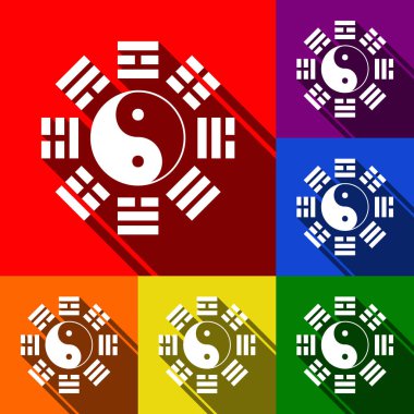 Yin ve yang bagua düzenleme ile oturum açın. Vektör. Kırmızı, turuncu, sarı, yeşil, mavi ve mor arka plan, düz gölgeler ile simgeler kümesi.