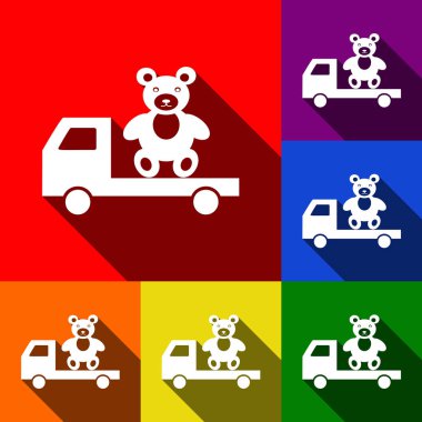 Ayı ile kamyon. Vektör. Kırmızı, turuncu, sarı, yeşil, mavi ve mor arka plan, düz gölgeler ile simgeler kümesi.