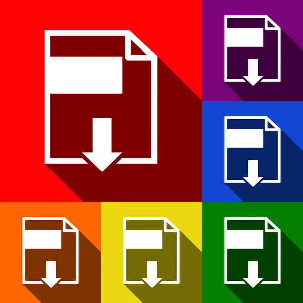 Signe de téléchargement de fichier. Vecteur. Ensemble d'icônes avec des ombres plates à fond rouge, orange, jaune, vert, bleu et violet . — Image vectorielle