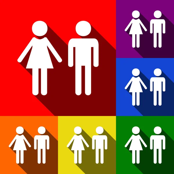 男性と女性のサイン。ベクトル。赤、オレンジ、黄色、緑、青、紫の背景でフラットの影とアイコンのセット. — ストックベクタ