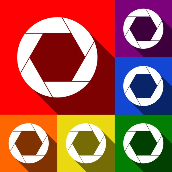 Foto-Zeichen-Illustration. Vektor. Icons mit flachen Schatten auf rotem, orangefarbenem, gelbem, grünem, blauem und violettem Hintergrund. — Stockvektor