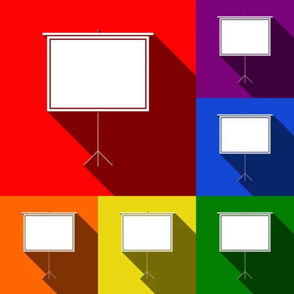 Prázdné projekční plátno. Vektor. Sada ikon s ploché stíny v červené, oranžové, žluté, zelené, modré a fialové pozadí. — Stockový vektor