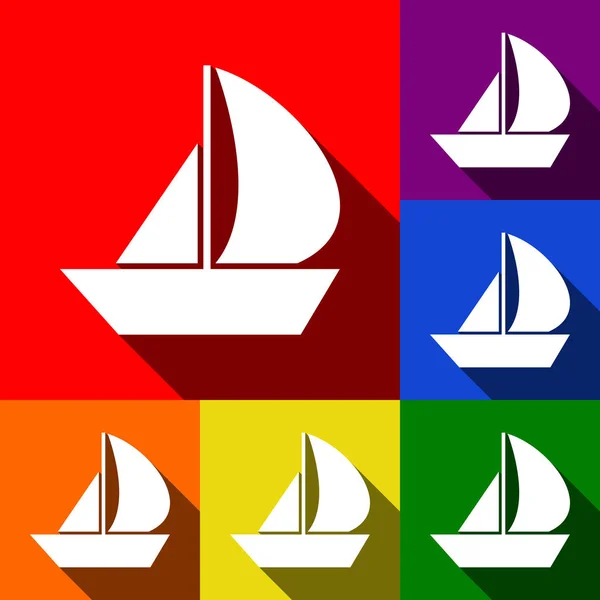 Señal de barco de vela. Vector. Conjunto de iconos con sombras planas en fondo rojo, naranja, amarillo, verde, azul y violeta . — Archivo Imágenes Vectoriales