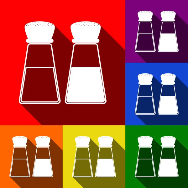 Znak, sól i pieprz. Wektor. Zestaw ikon z płaskich cienie w tle czerwony, pomarańczowy, żółty, zielony, niebieski i fioletowe. — Wektor stockowy