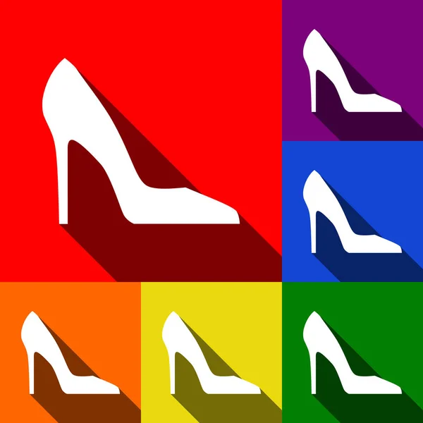 Frauenschuhzeichen. Vektor. Icons mit flachen Schatten auf rotem, orangefarbenem, gelbem, grünem, blauem und violettem Hintergrund. — Stockvektor