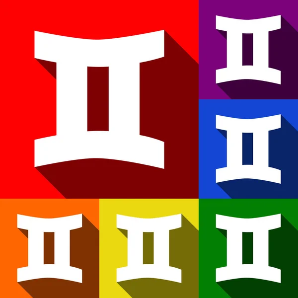 Signo de Géminis. Vector. Conjunto de iconos con sombras planas en fondo rojo, naranja, amarillo, verde, azul y violeta . — Vector de stock