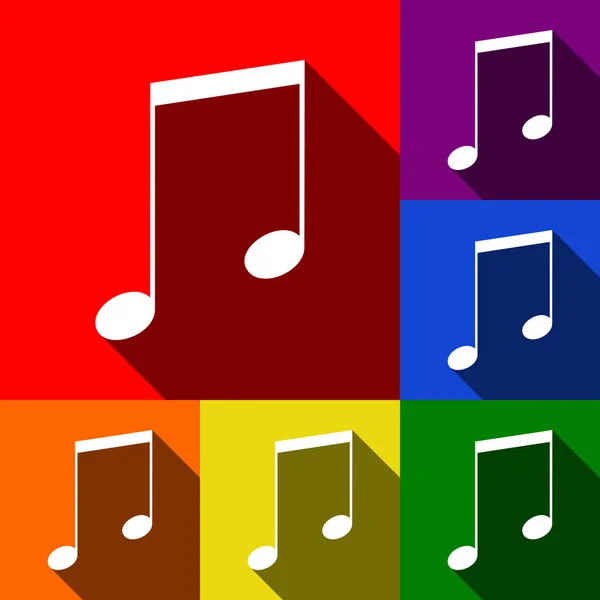 Музыкальный знак иллюстрации. Вектор. Набор иконок с плоскими тенями на красном, оранжевом, желтом, зеленом, синем и фиолетовом фоне . — стоковый вектор