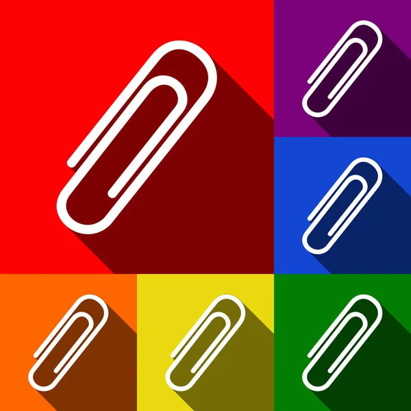 Ilustración de signos de clip. Vector. Conjunto de iconos con sombras planas en fondo rojo, naranja, amarillo, verde, azul y violeta . — Vector de stock