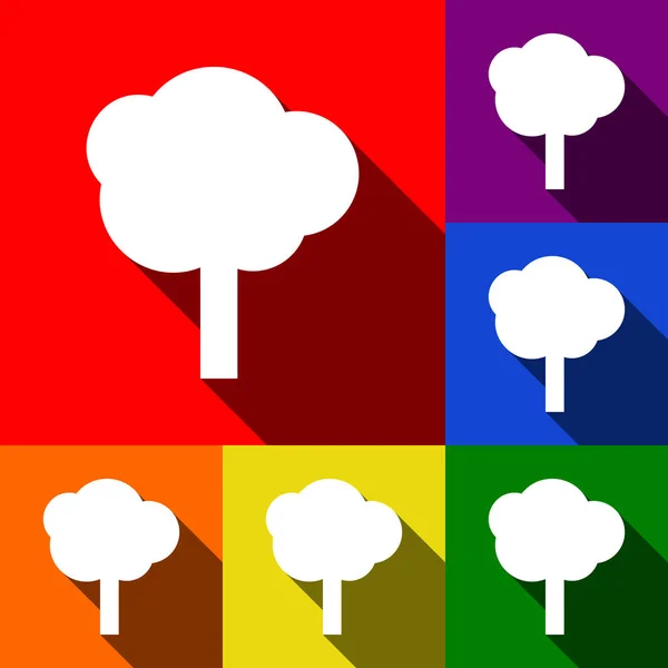 Baum-Zeichen-Illustration. Vektor. Icons mit flachen Schatten auf rotem, orangefarbenem, gelbem, grünem, blauem und violettem Hintergrund. — Stockvektor