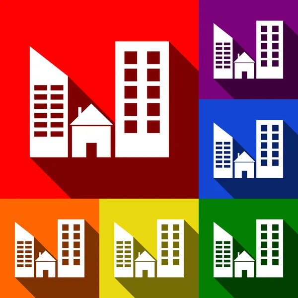 Immobilienschild. Vektor. Icons mit flachen Schatten auf rotem, orangefarbenem, gelbem, grünem, blauem und violettem Hintergrund. — Stockvektor