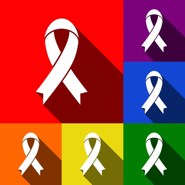 Black awareness ribbon sign. Vector. Set of icons with flat shadows at red, orange, yellow, green, blue and violet background. — Stock Vector