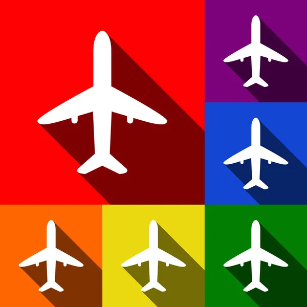 Flygplan tecken illustration. Vektor. Uppsättning ikoner med platt skuggor i röd, orange, gul, grön, blå och lila bakgrund. — Stock vektor