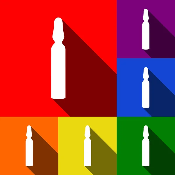 Segno di fiala medica. Vettore. Set di icone con ombre piatte su sfondo rosso, arancione, giallo, verde, blu e viola . — Vettoriale Stock
