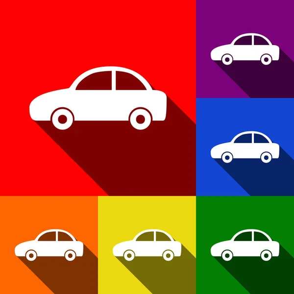 Car sign illustration. Vector. Set of icons with flat shadows at red, orange, yellow, green, blue and violet background. — Stock Vector